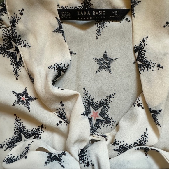 Zara Star Print Tie Neck Ruffle Sleeveless Blouse XS Retro Vintage 30s 40s - Picture 2 of 3